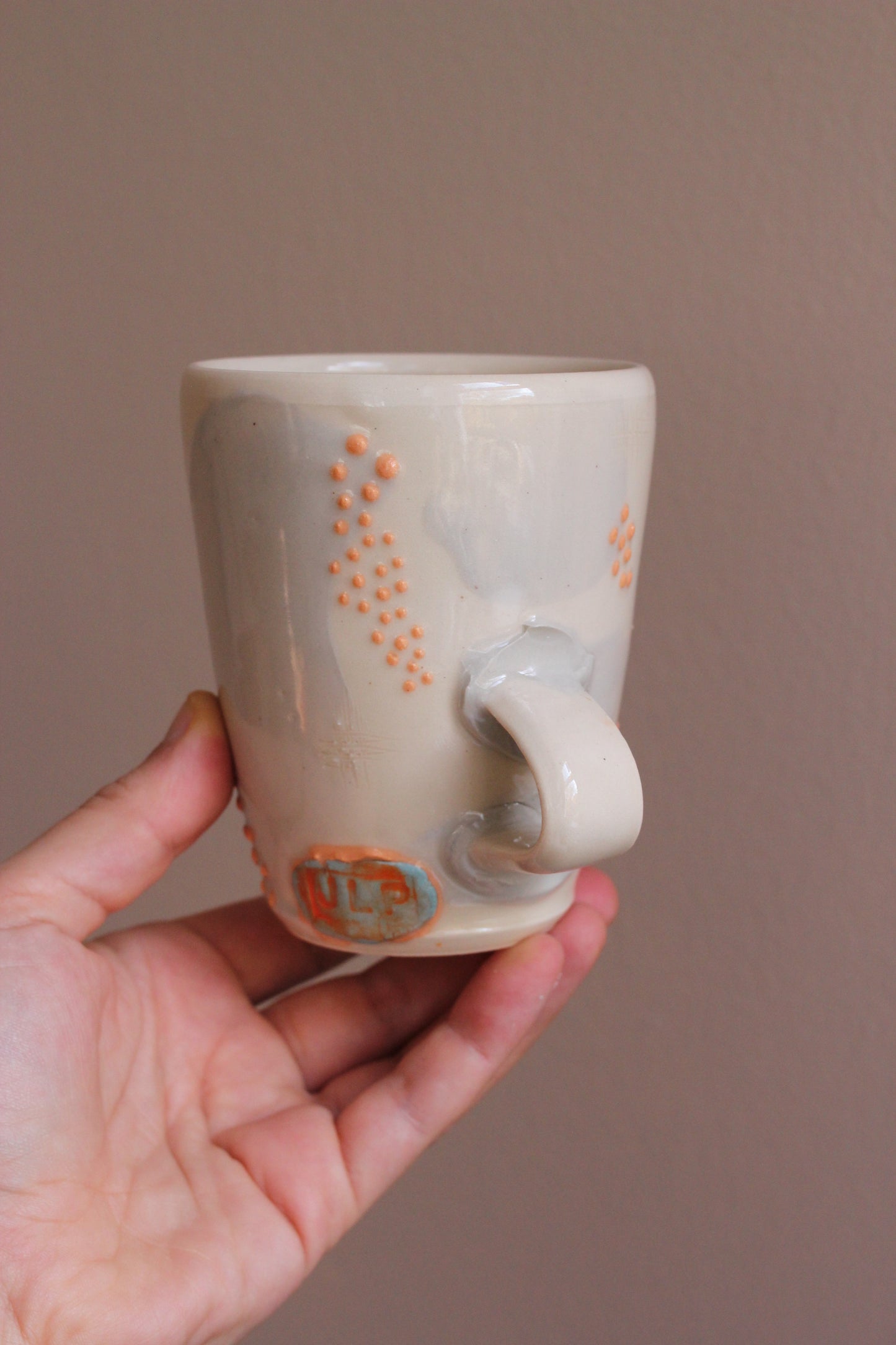 Retro Lavender Gray Mug with Orange Dots