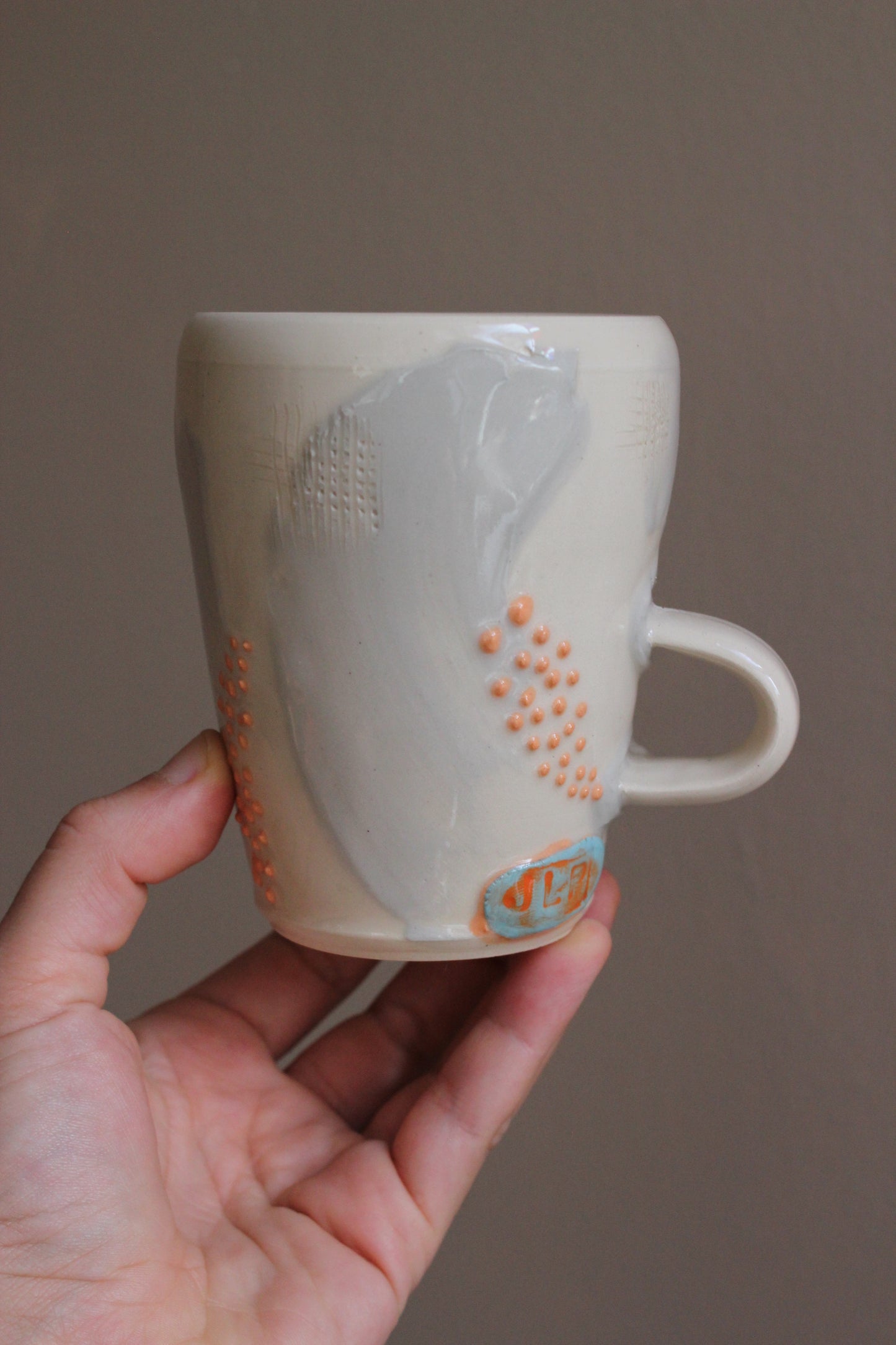 Retro Lavender Gray Mug with Orange Dots