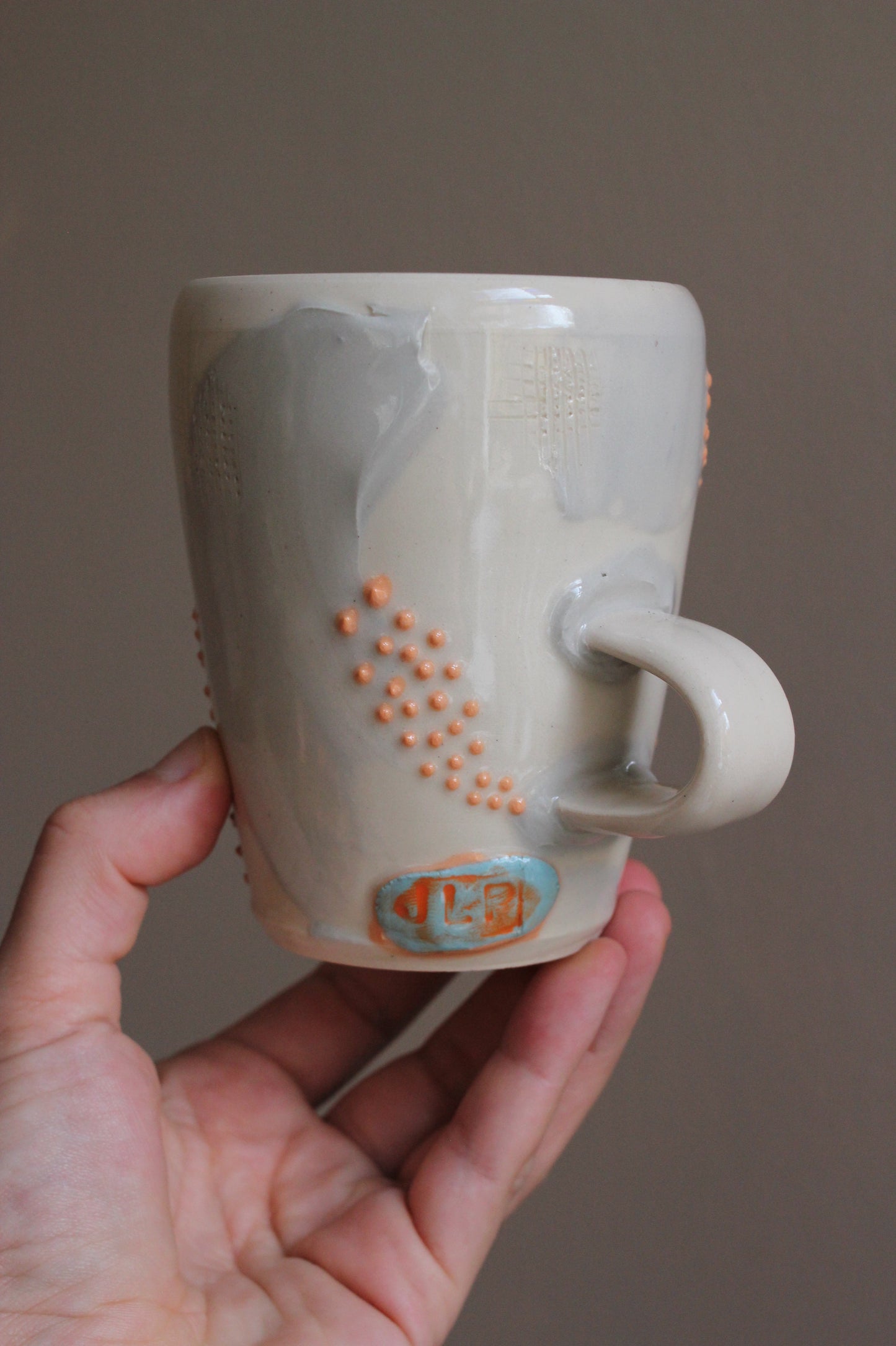 Retro Lavender Gray Mug with Orange Dots