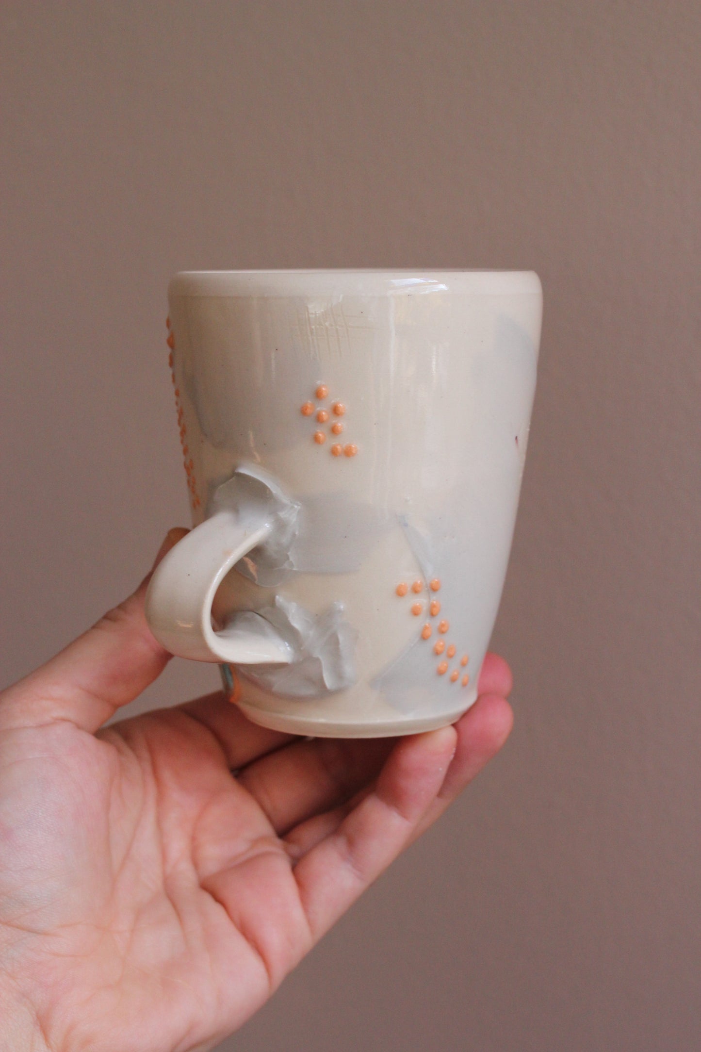 Retro Lavender Gray Mug with Orange Dots