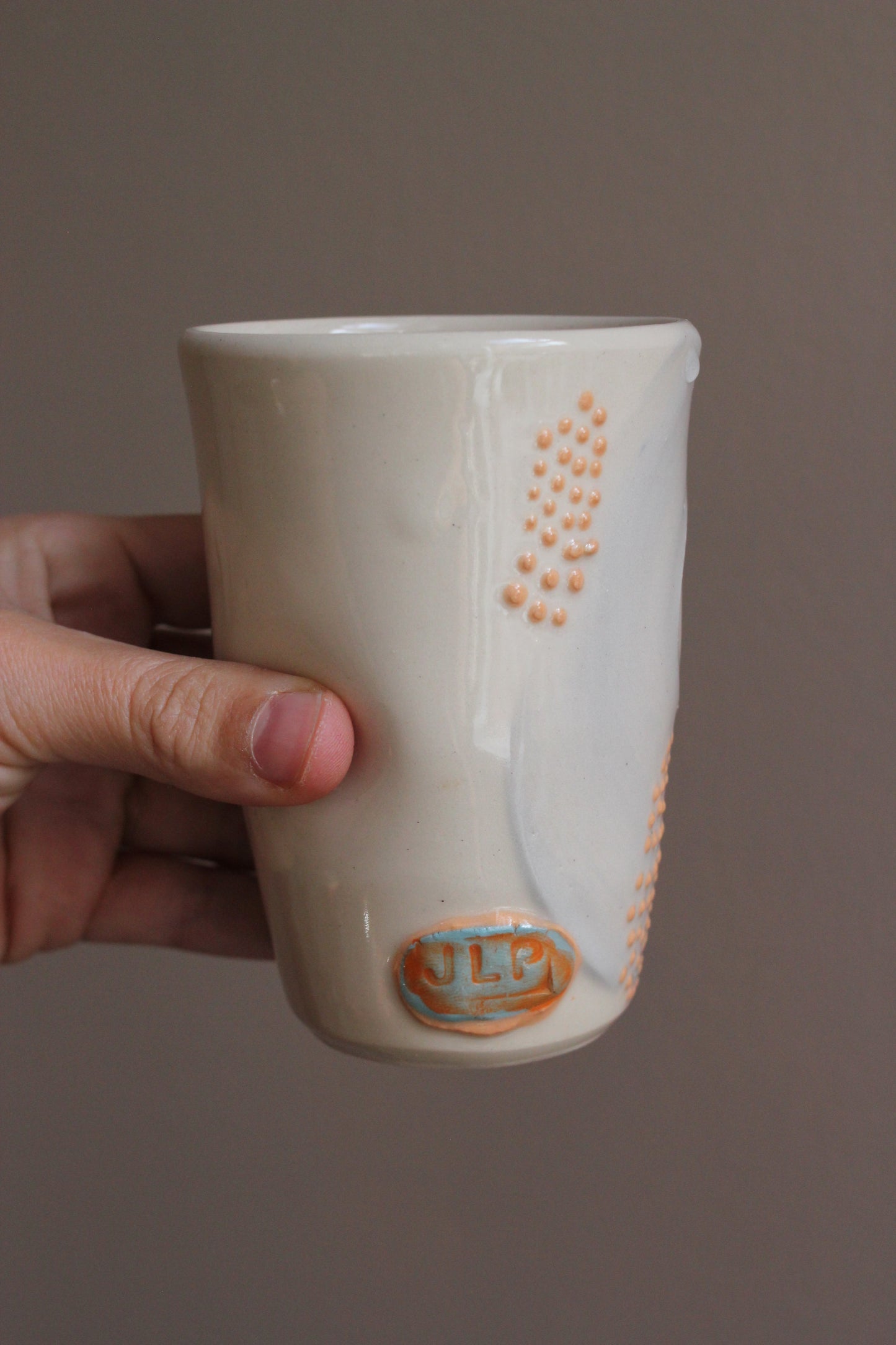 Lavender Gray Tumbler with Orange Dots