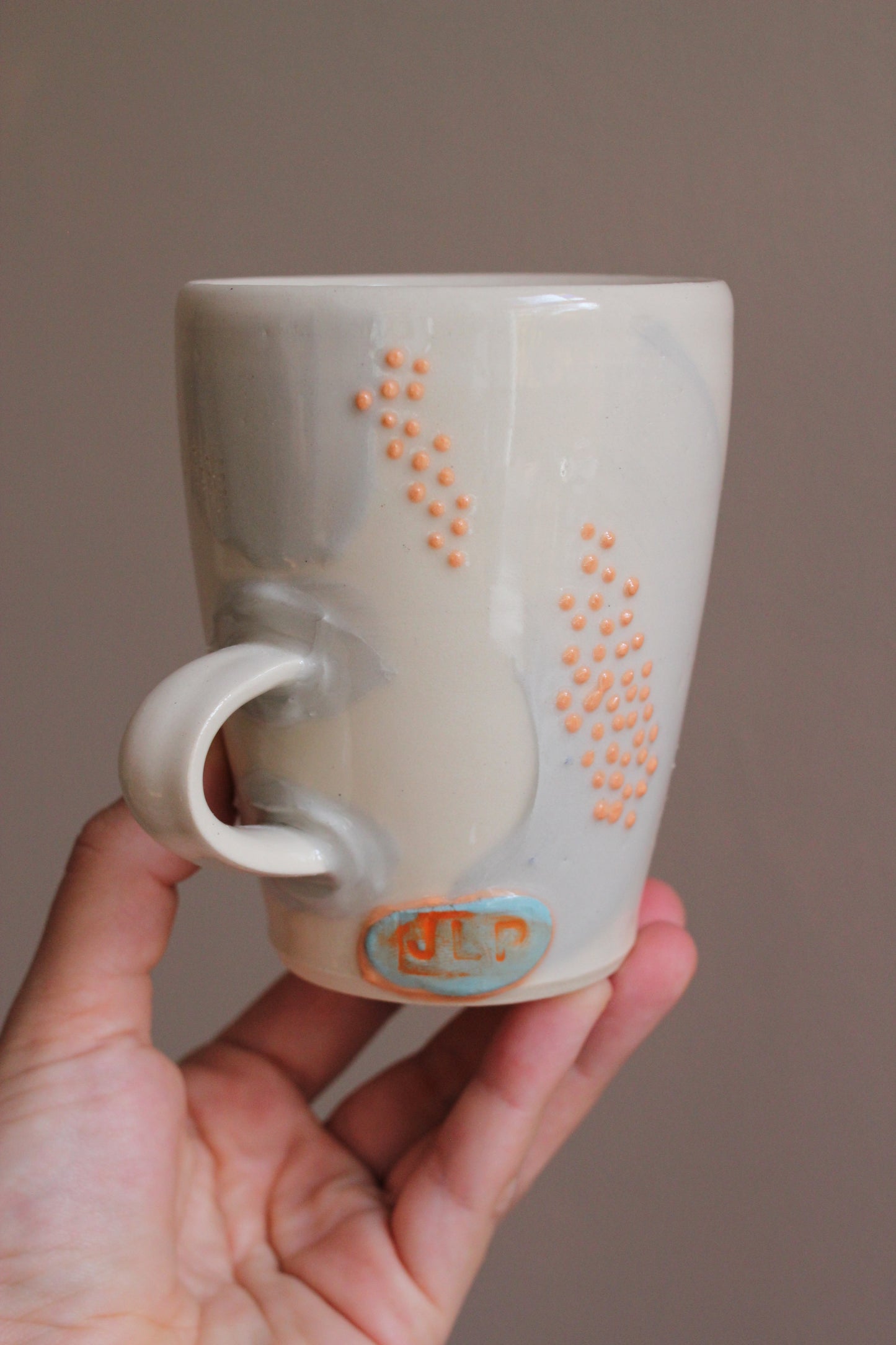 Retro Lavender Gray Mug with Orange Dots
