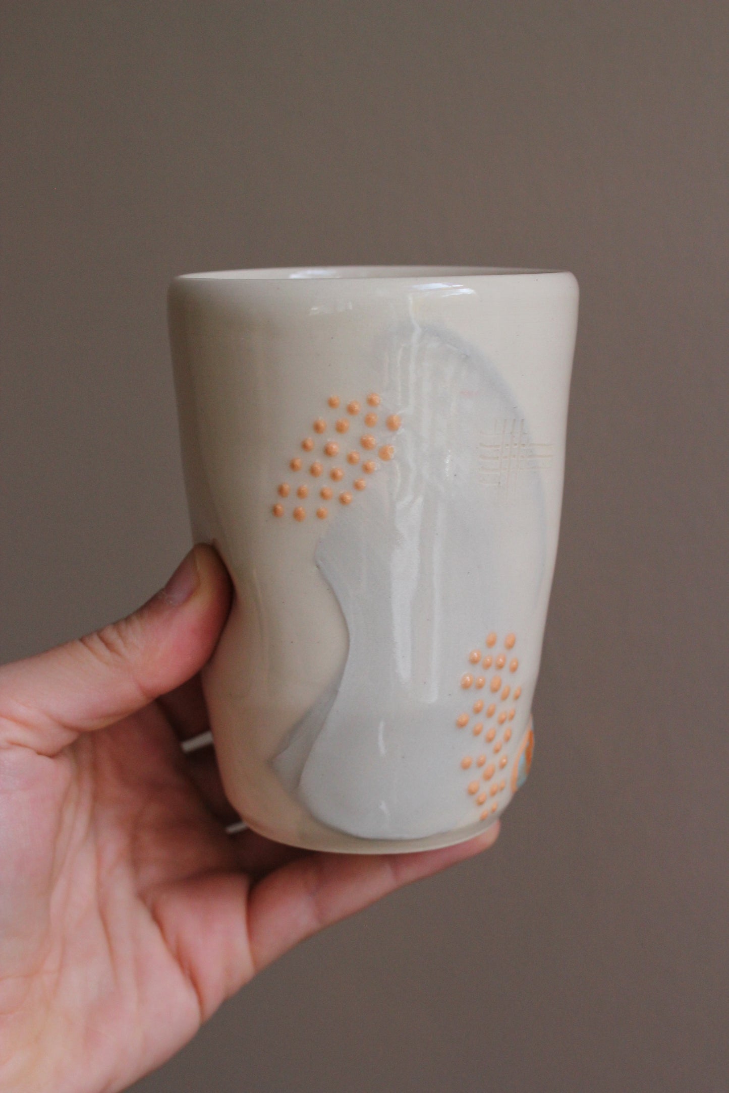 Lavender Gray Tumbler with Orange Dots