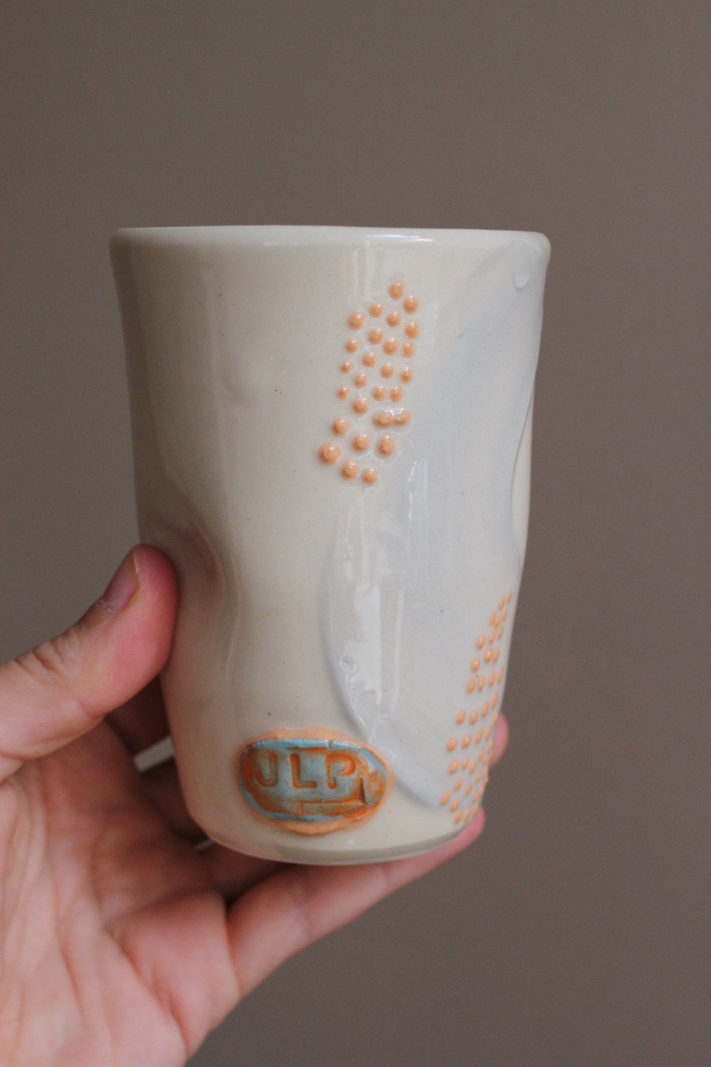 Lavender Gray Tumbler with Orange Dots