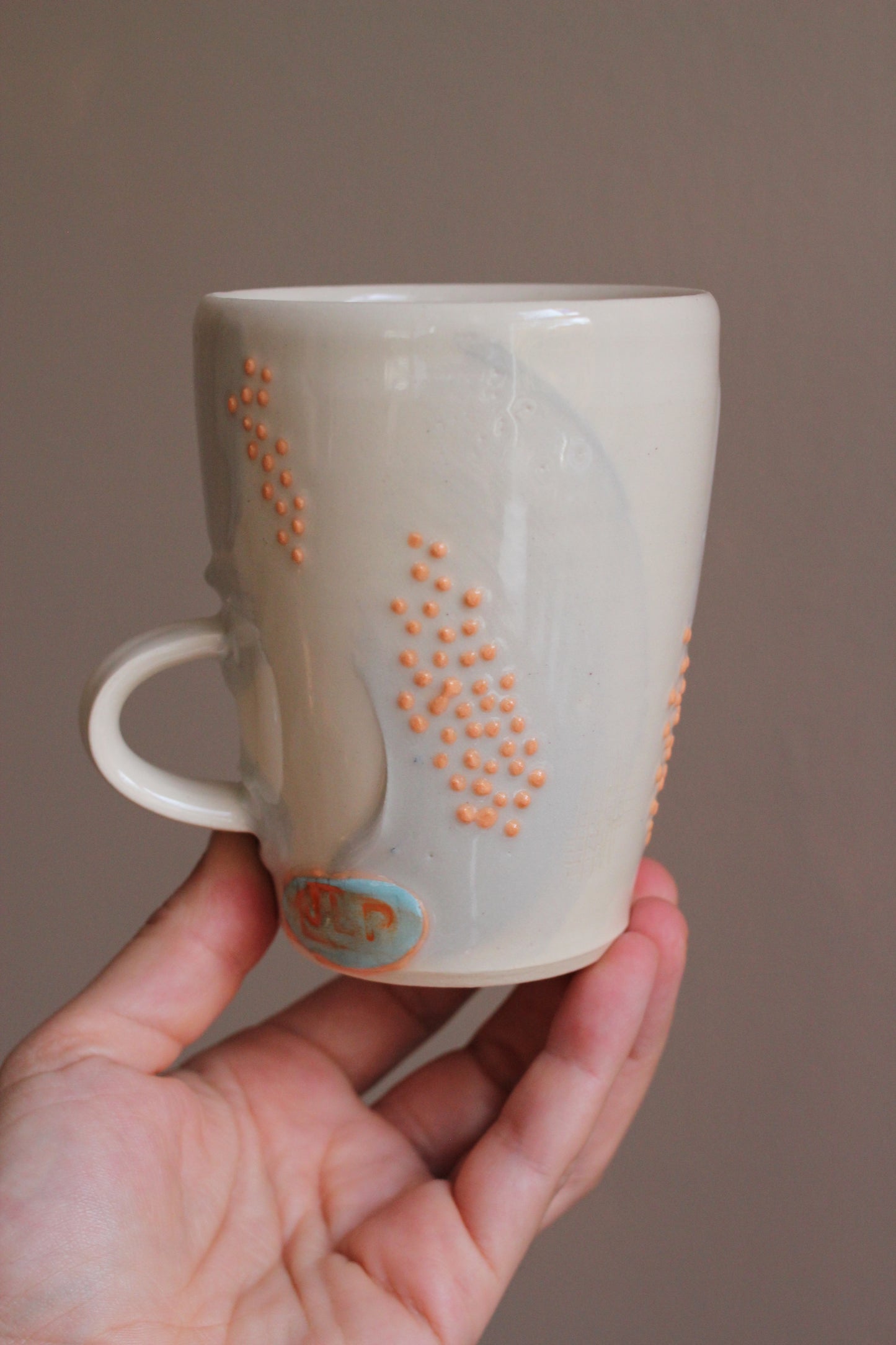 Retro Lavender Gray Mug with Orange Dots