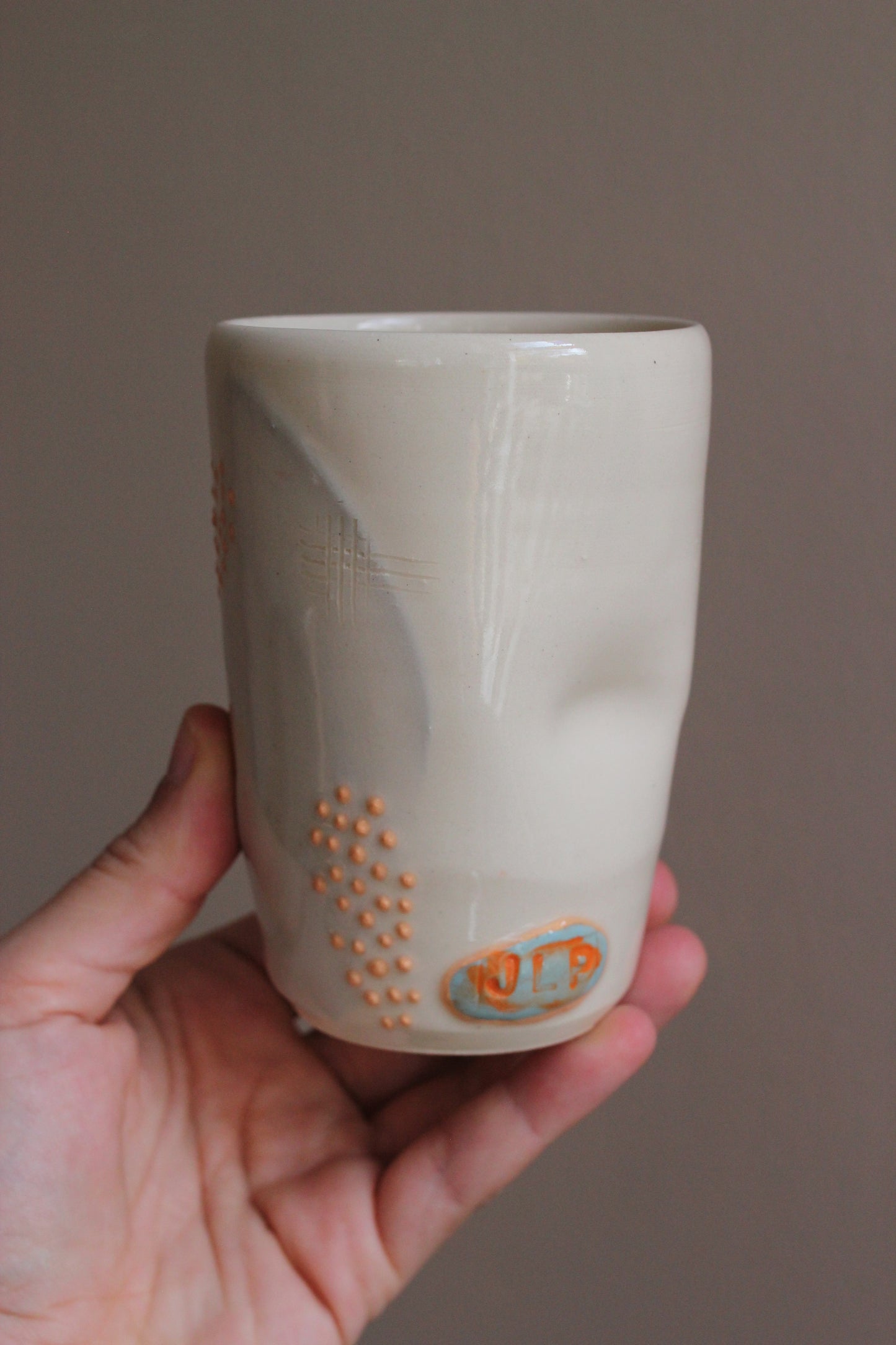 Lavender Gray Tumbler with Orange Dots