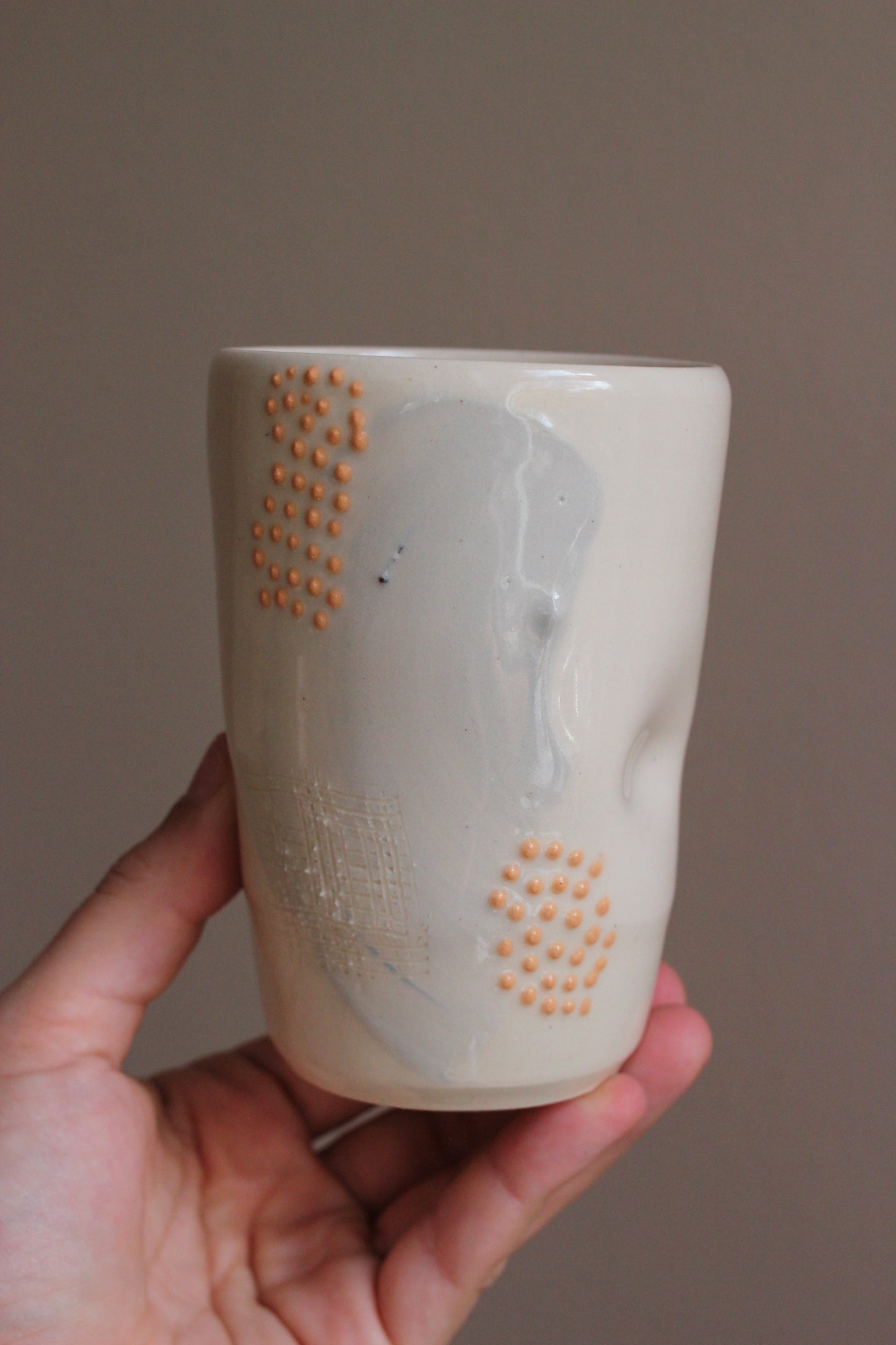 Lavender Gray Tumbler with Orange Dots